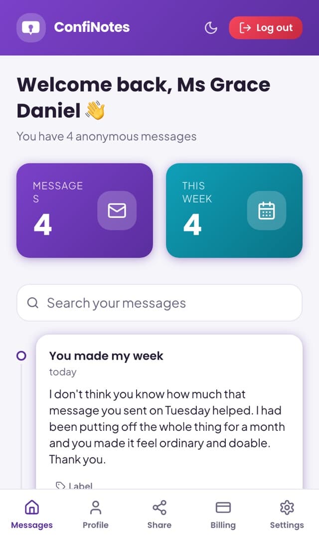 The ConfiNotes dashboard listing anonymous messages received