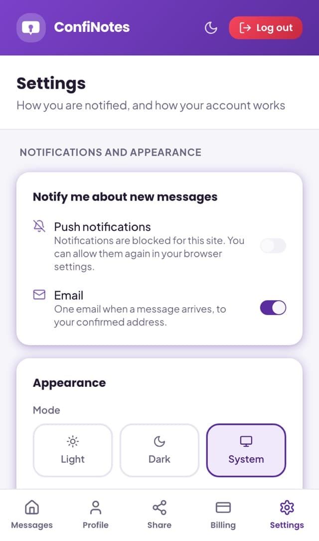 Settings showing notification preferences and the light, dark and system theme modes