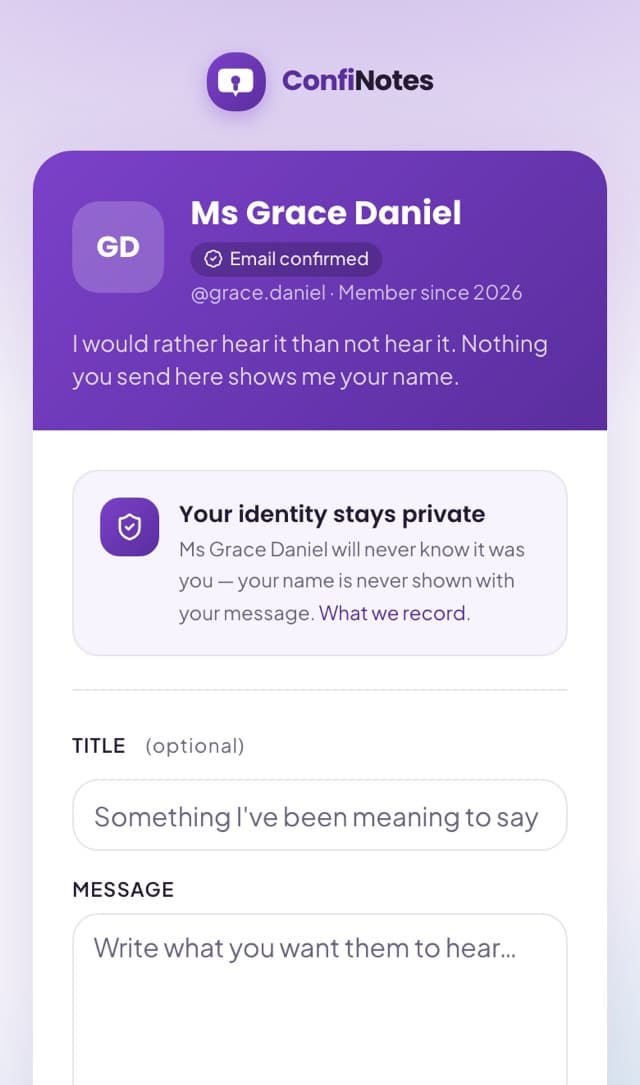 The compose screen for writing an anonymous message to a profile