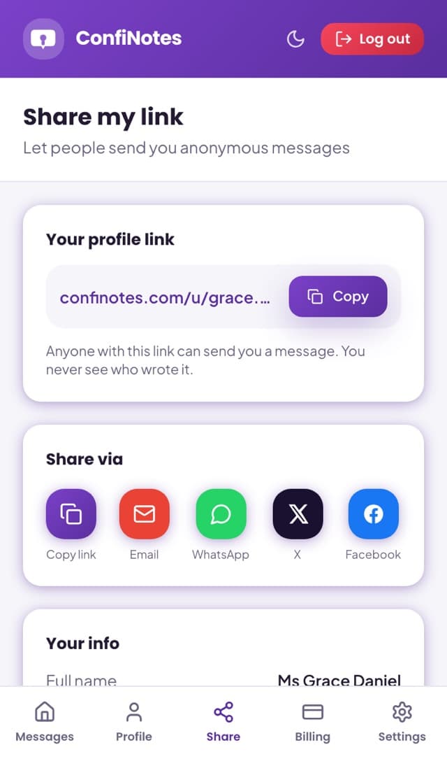 The share screen with options to send a profile link by email, Facebook or WhatsApp